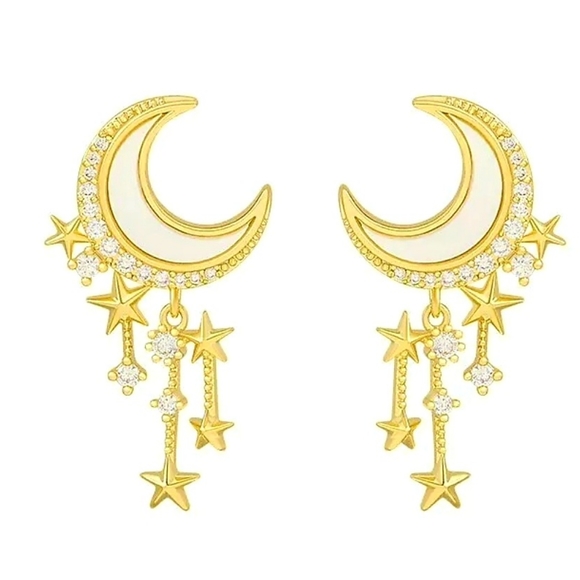 Gold Plated Pearlessent Crescent moon star drop earrings with silver post - Picture 12 of 16